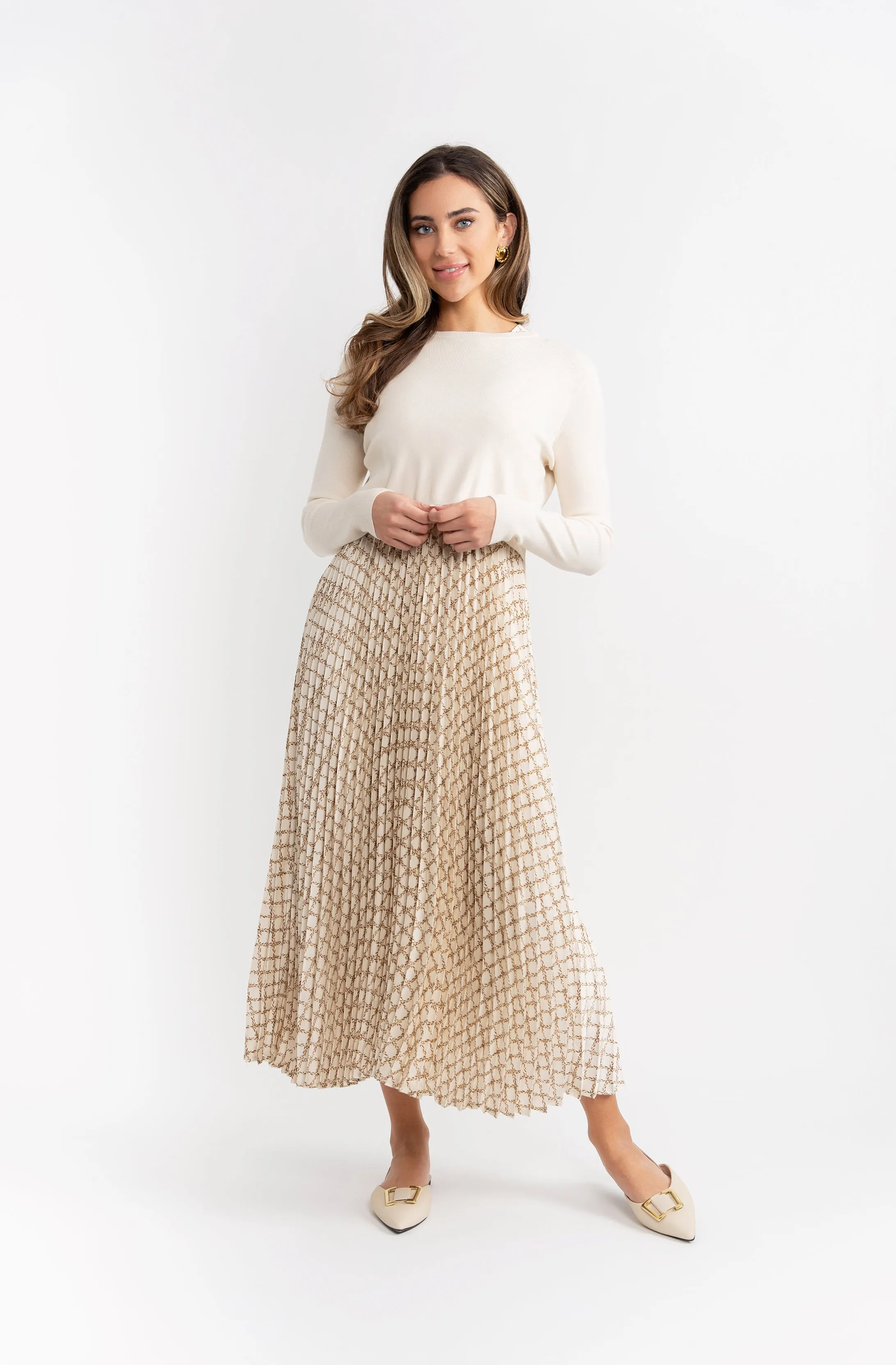 dress pleated satin jumper with knit sweater - cream