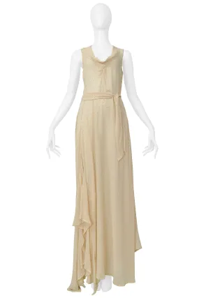 DRIES VAN NOTEN BEIGE & ORANGE CHIFFON POLKA DOT MAXI DRESS 2003