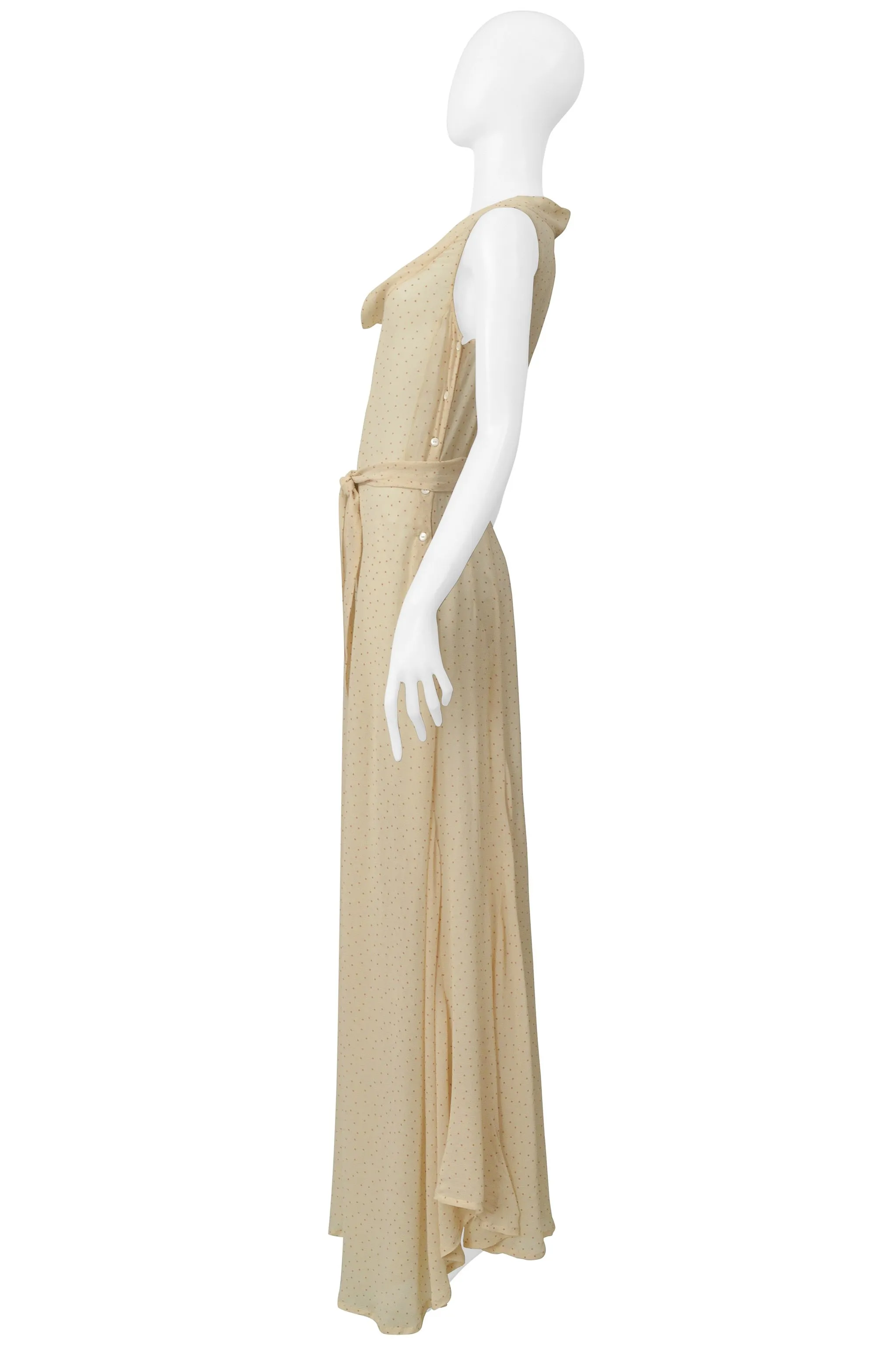 DRIES VAN NOTEN BEIGE & ORANGE CHIFFON POLKA DOT MAXI DRESS 2003