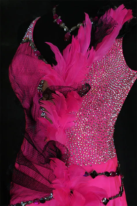 Electric Pink and Black Feather Latin/Rhythm Ballroom Dress LAT028 sz Medium/Large