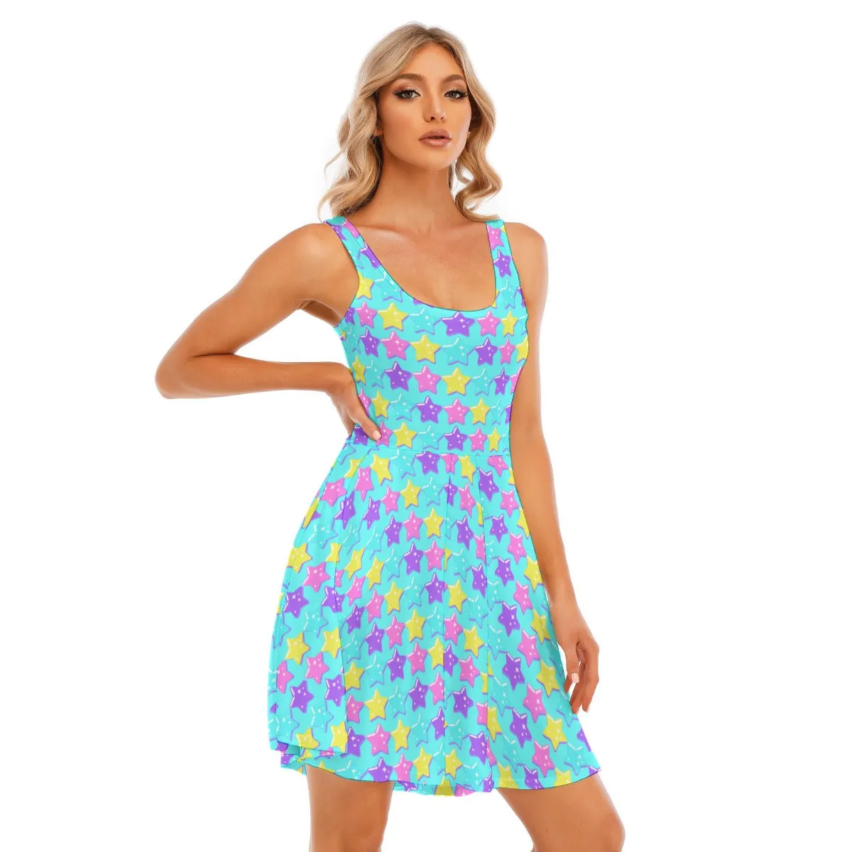 Electric Star Wave Blue Skater Dress With Pockets