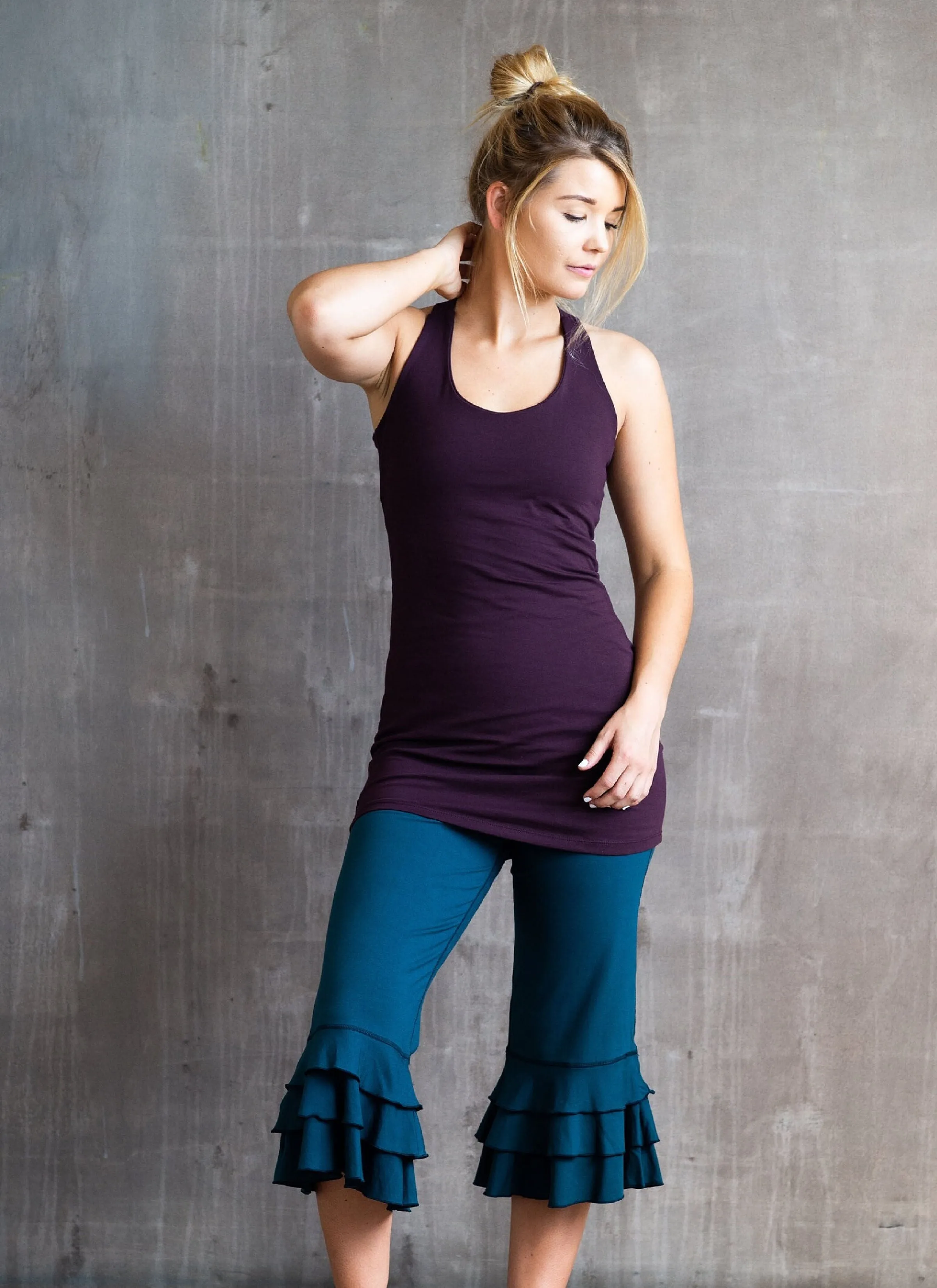 Faith Strappy Woven Back Long Yoga Tank Top in Eggplant