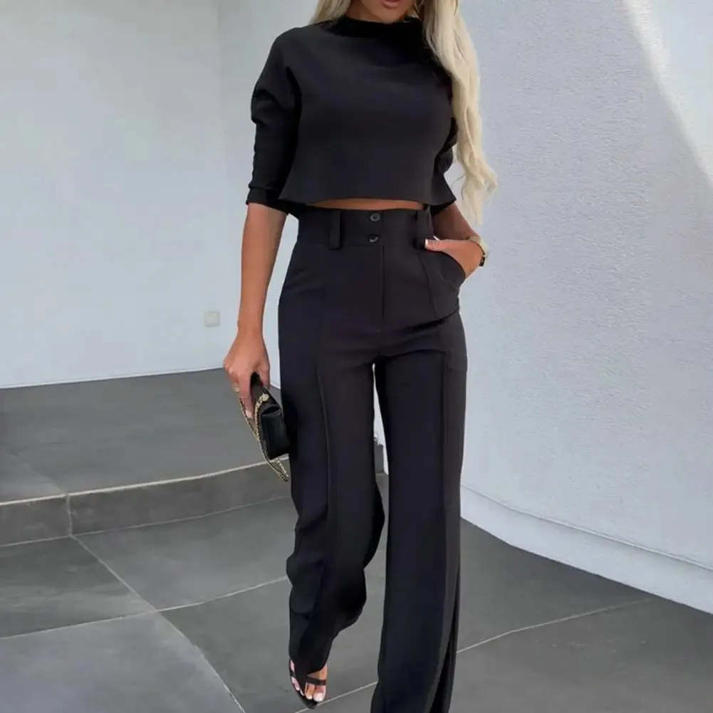 FLYTONN-Women Slim Fit Top Women Wide-leg Pants Stylish Women's 2-piece Suit Solid Color Wide Leg Pants Crop Top Set for Chic Commute