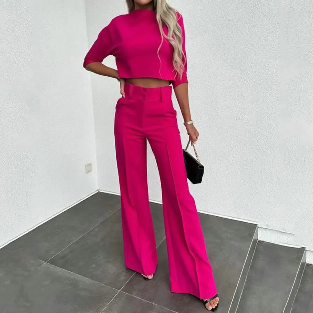 FLYTONN-Women Slim Fit Top Women Wide-leg Pants Stylish Women's 2-piece Suit Solid Color Wide Leg Pants Crop Top Set for Chic Commute