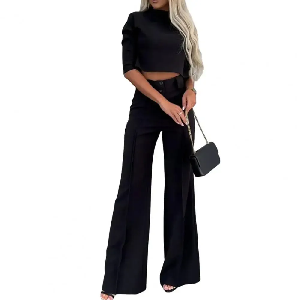 FLYTONN-Women Slim Fit Top Women Wide-leg Pants Stylish Women's 2-piece Suit Solid Color Wide Leg Pants Crop Top Set for Chic Commute