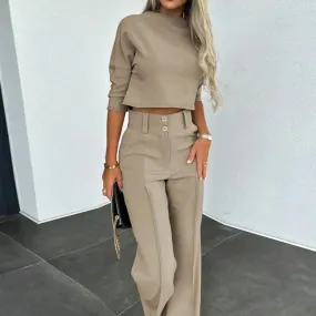 FLYTONN-Women Slim Fit Top Women Wide-leg Pants Stylish Women's 2-piece Suit Solid Color Wide Leg Pants Crop Top Set for Chic Commute