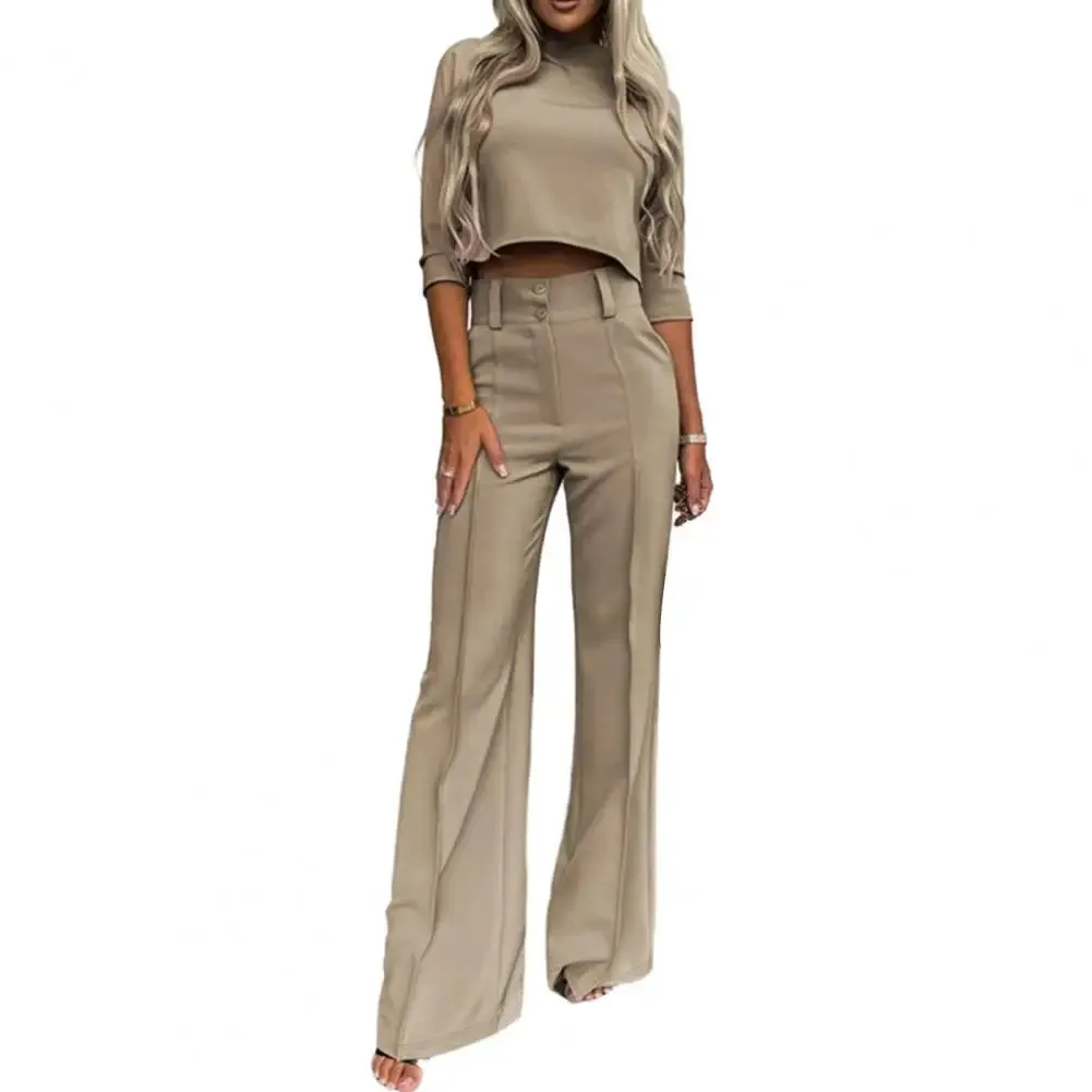 FLYTONN-Women Slim Fit Top Women Wide-leg Pants Stylish Women's 2-piece Suit Solid Color Wide Leg Pants Crop Top Set for Chic Commute