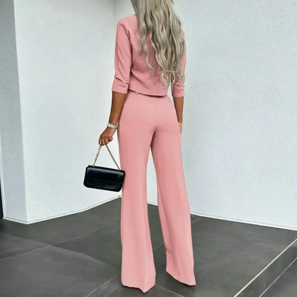 FLYTONN-Women Slim Fit Top Women Wide-leg Pants Stylish Women's 2-piece Suit Solid Color Wide Leg Pants Crop Top Set for Chic Commute