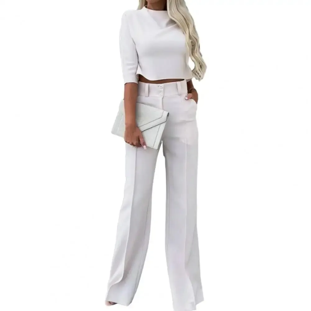 FLYTONN-Women Slim Fit Top Women Wide-leg Pants Stylish Women's 2-piece Suit Solid Color Wide Leg Pants Crop Top Set for Chic Commute