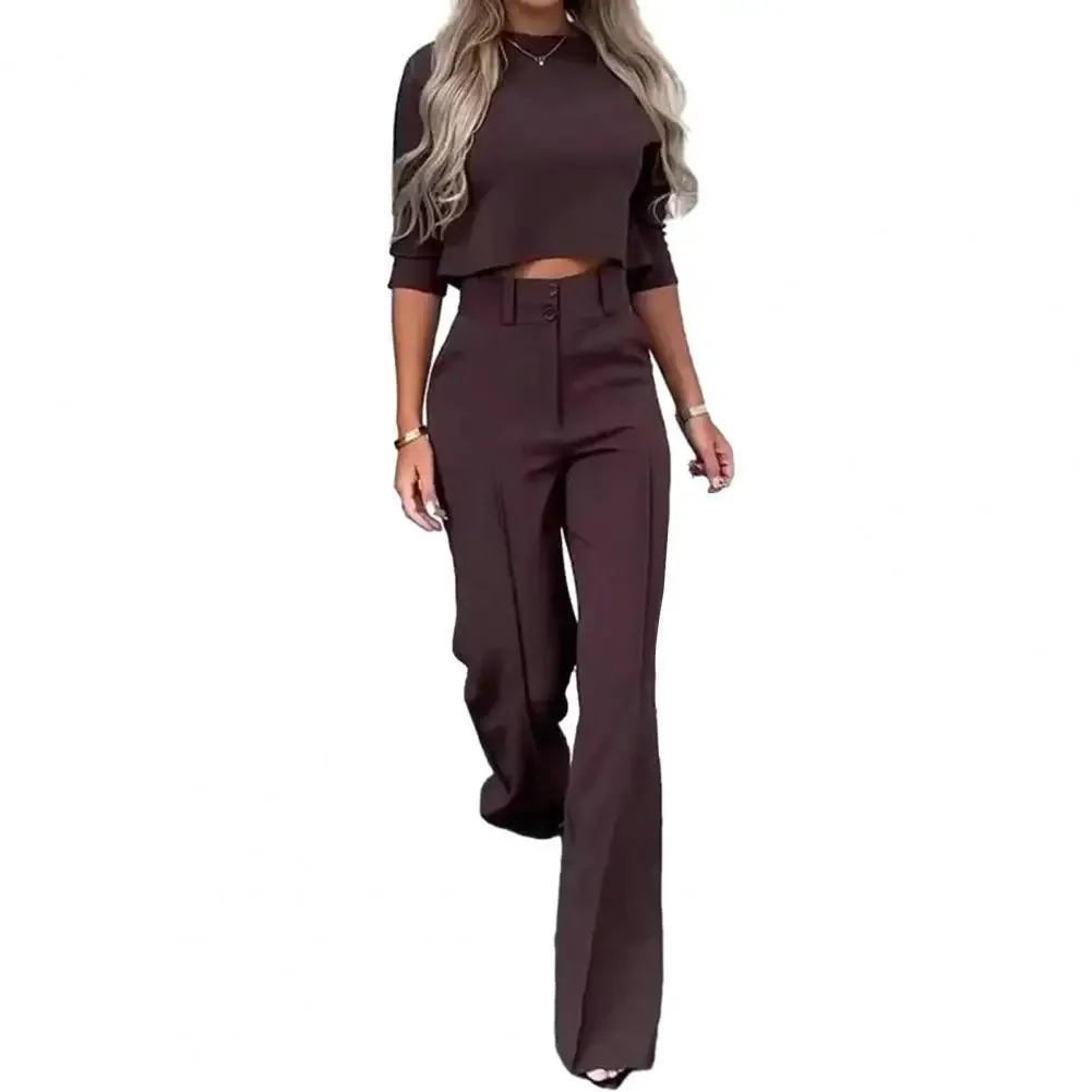 FLYTONN-Women Slim Fit Top Women Wide-leg Pants Stylish Women's 2-piece Suit Solid Color Wide Leg Pants Crop Top Set for Chic Commute