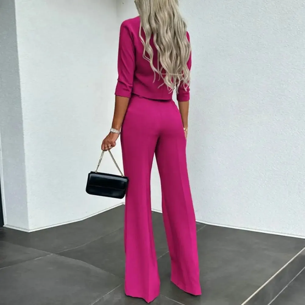 FLYTONN-Women Slim Fit Top Women Wide-leg Pants Stylish Women's 2-piece Suit Solid Color Wide Leg Pants Crop Top Set for Chic Commute