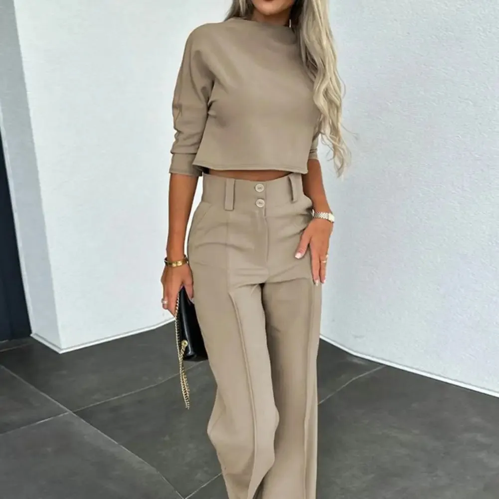 FLYTONN-Women Slim Fit Top Women Wide-leg Pants Stylish Women's 2-piece Suit Solid Color Wide Leg Pants Crop Top Set for Chic Commute