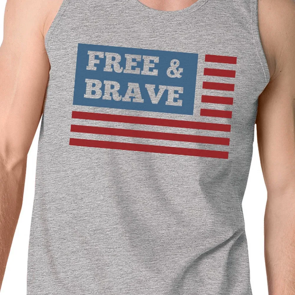 Free & Brave Us Flag Mens Grey Funny Graphic Tanks Crewneck Line