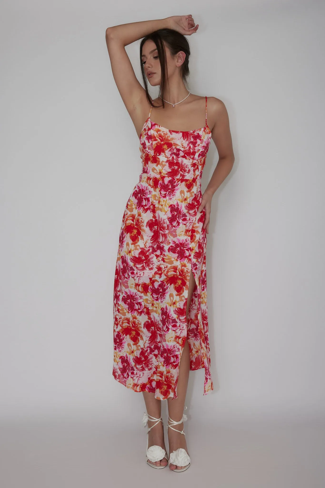 Galilea Tied Back Midi Dress Floral Red