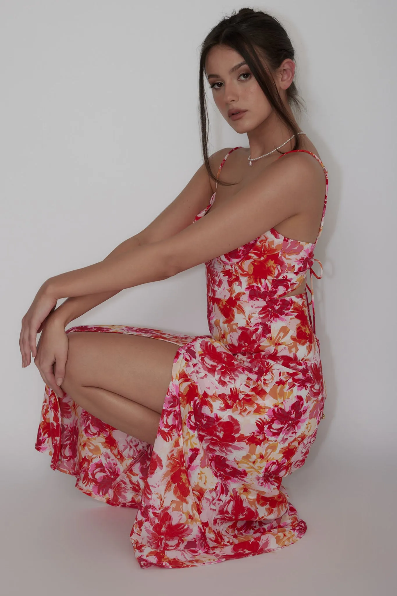 Galilea Tied Back Midi Dress Floral Red