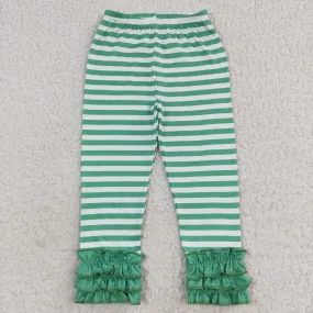 girl green striped ruffle leggings P0175