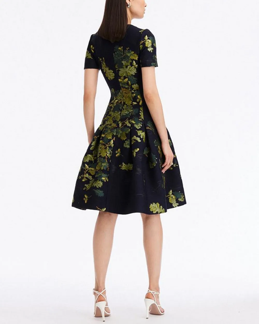 Green and Navy Acorn Jacquard Flare Dress