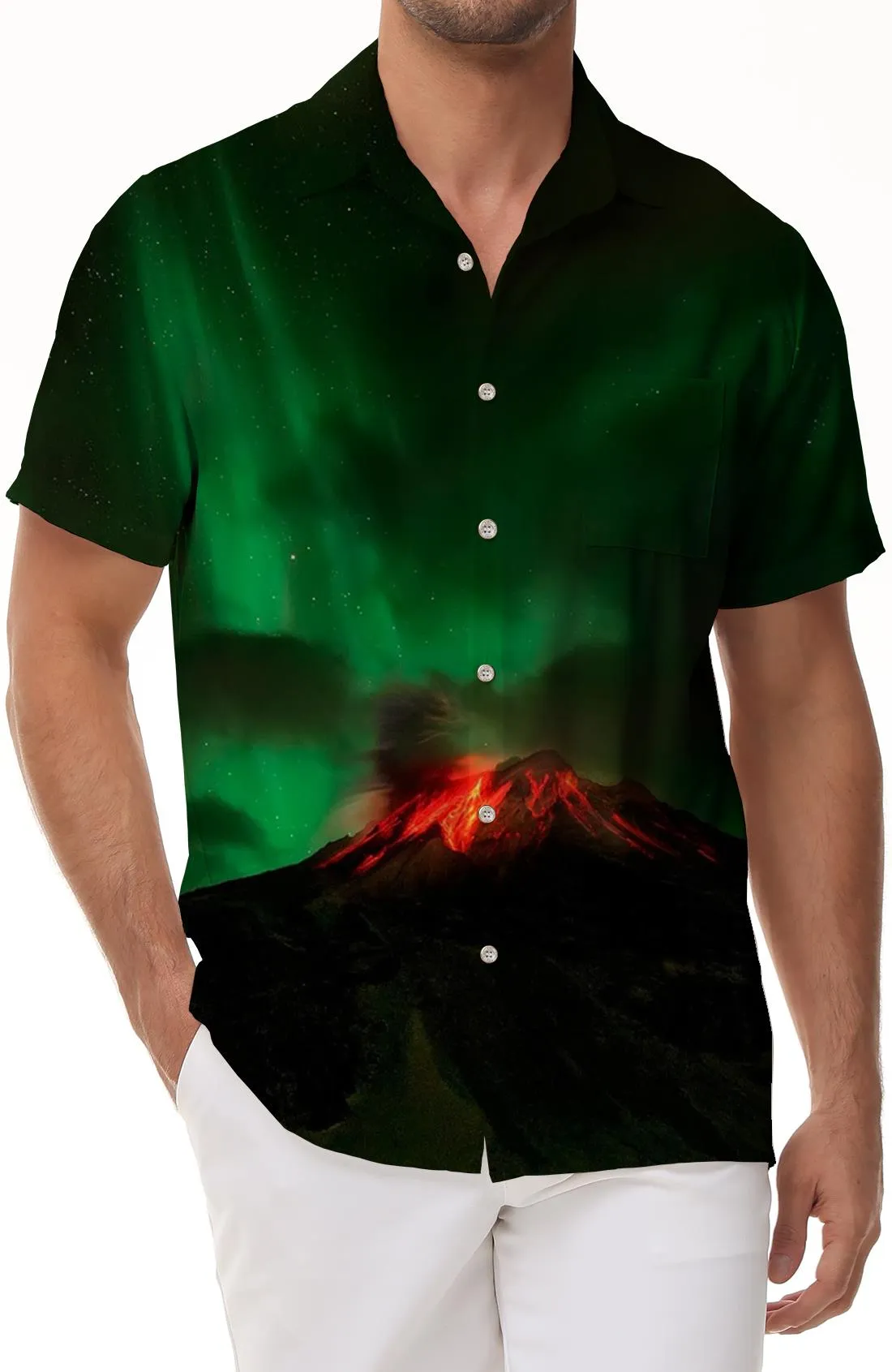 Green Aurora Volcano Pattern Hawaiian Fashion Men's Short Sleeve Shirt Tops 3D Printing