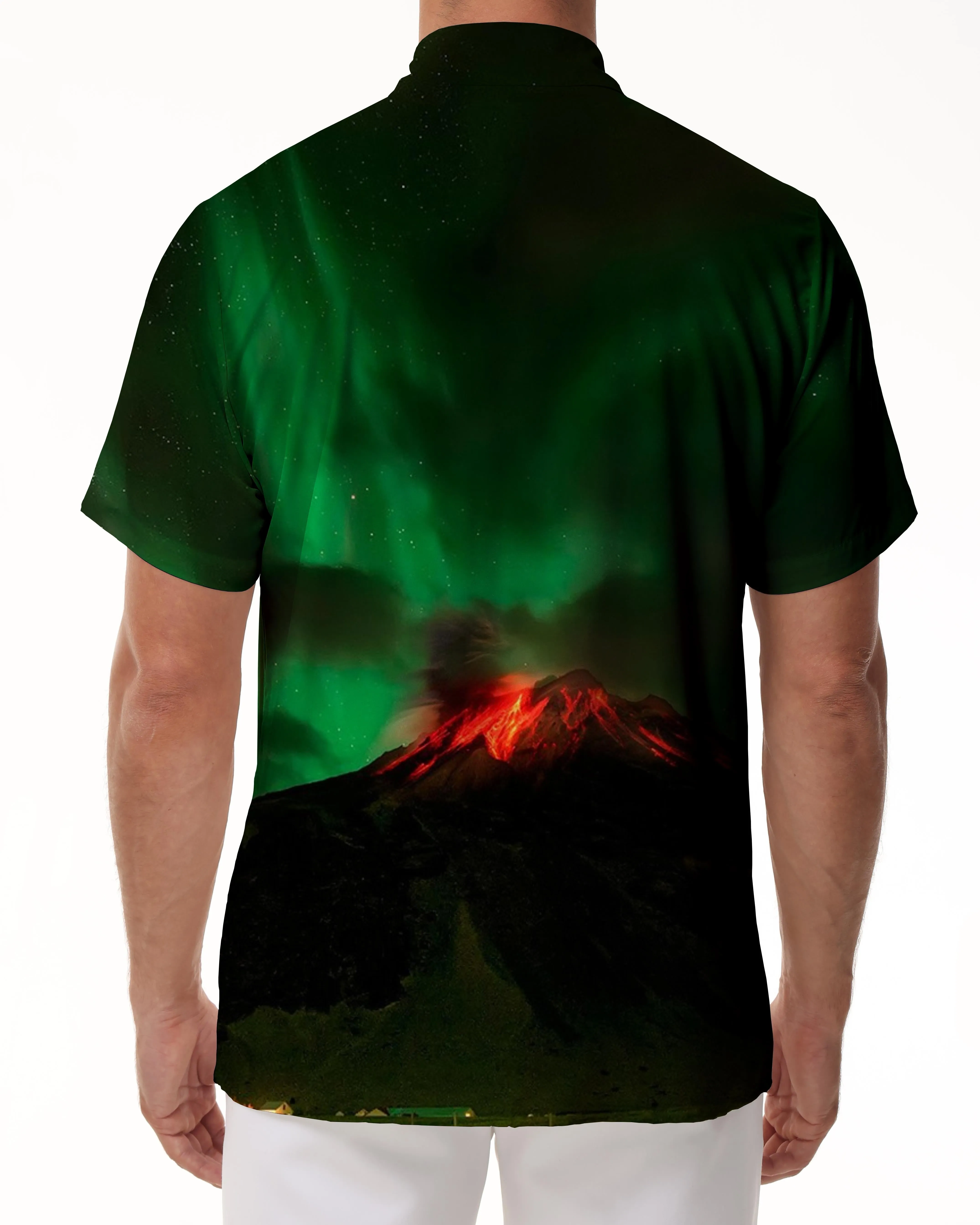 Green Aurora Volcano Pattern Hawaiian Fashion Men's Short Sleeve Shirt Tops 3D Printing