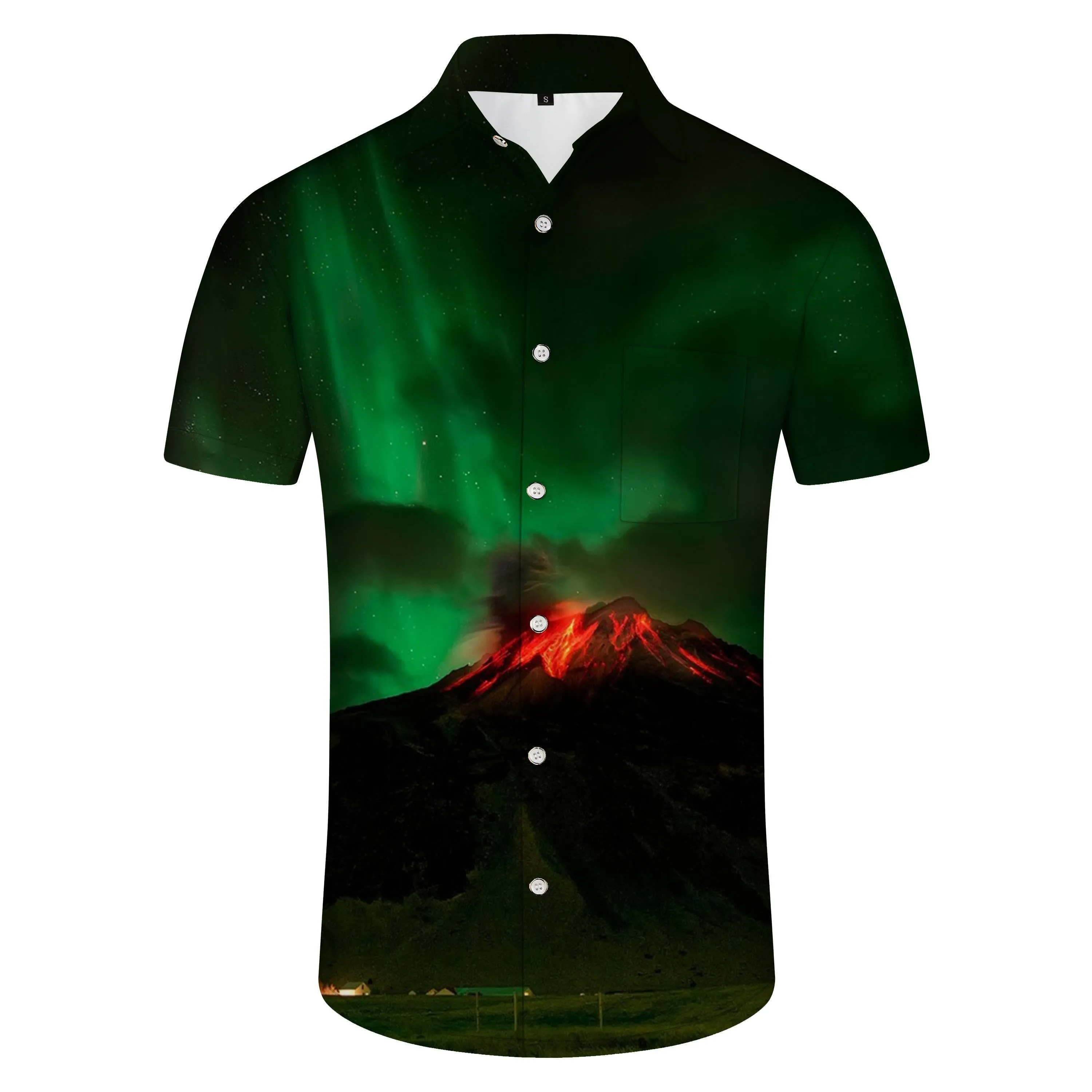 Green Aurora Volcano Pattern Hawaiian Fashion Men's Short Sleeve Shirt Tops 3D Printing