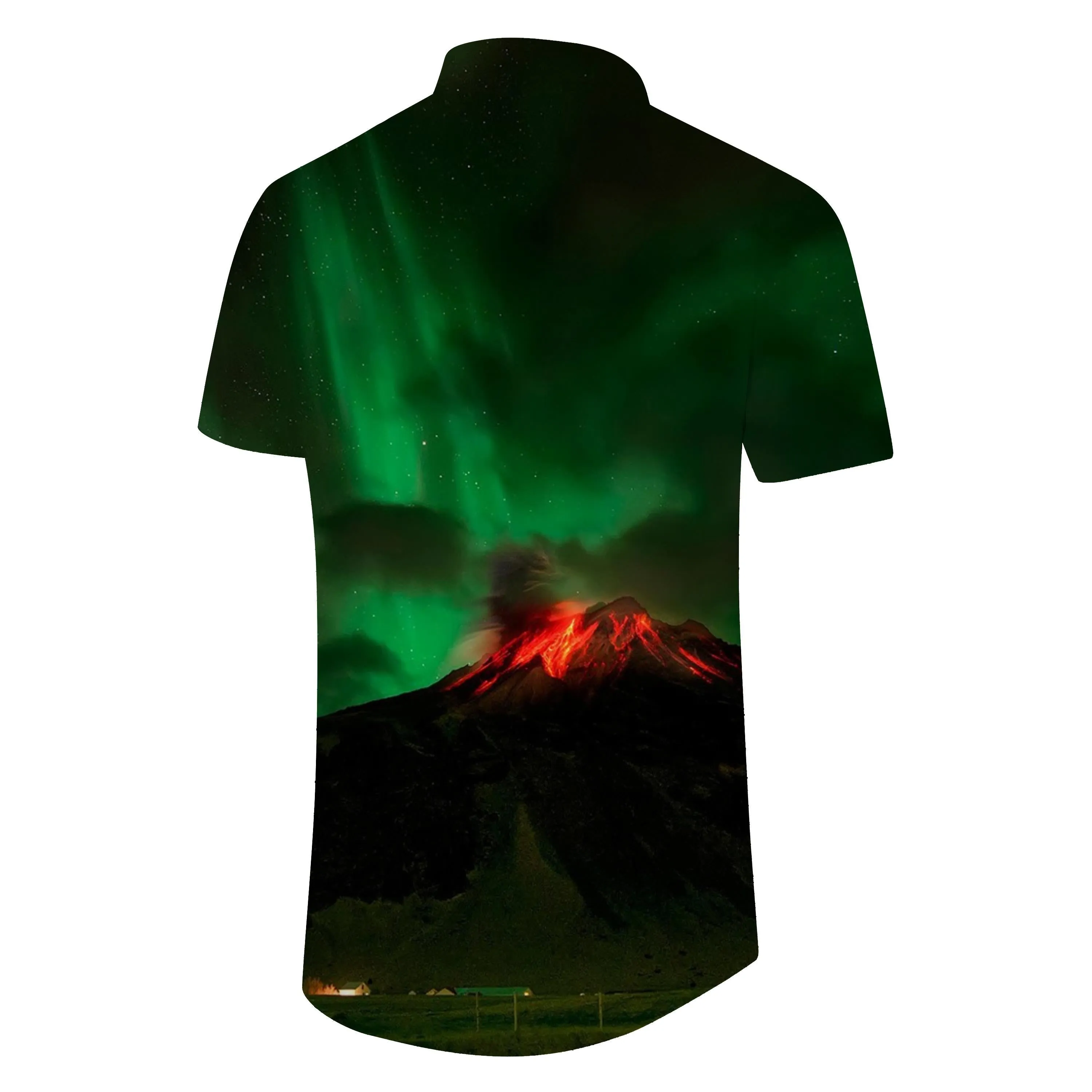 Green Aurora Volcano Pattern Hawaiian Fashion Men's Short Sleeve Shirt Tops 3D Printing