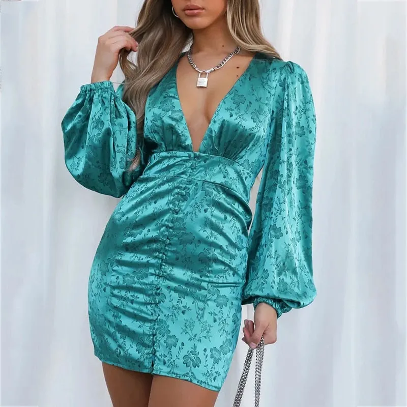 Green satin bodycon vintage flower print button down sexy v neck lantern sleeve party dress