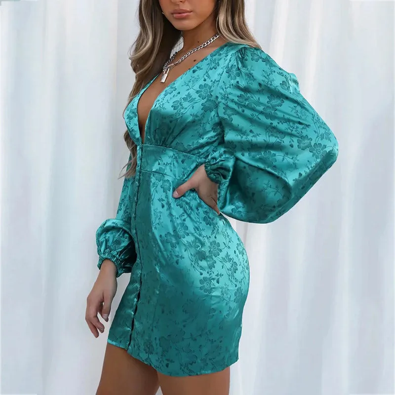 Green satin bodycon vintage flower print button down sexy v neck lantern sleeve party dress