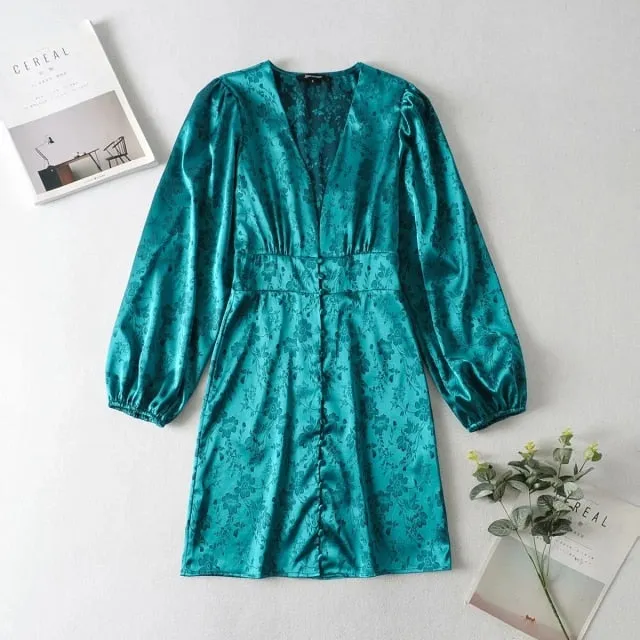 Green satin bodycon vintage flower print button down sexy v neck lantern sleeve party dress