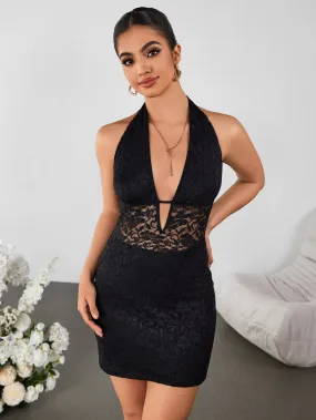 Halter Deep V-Neck Lace Bodycon Dress