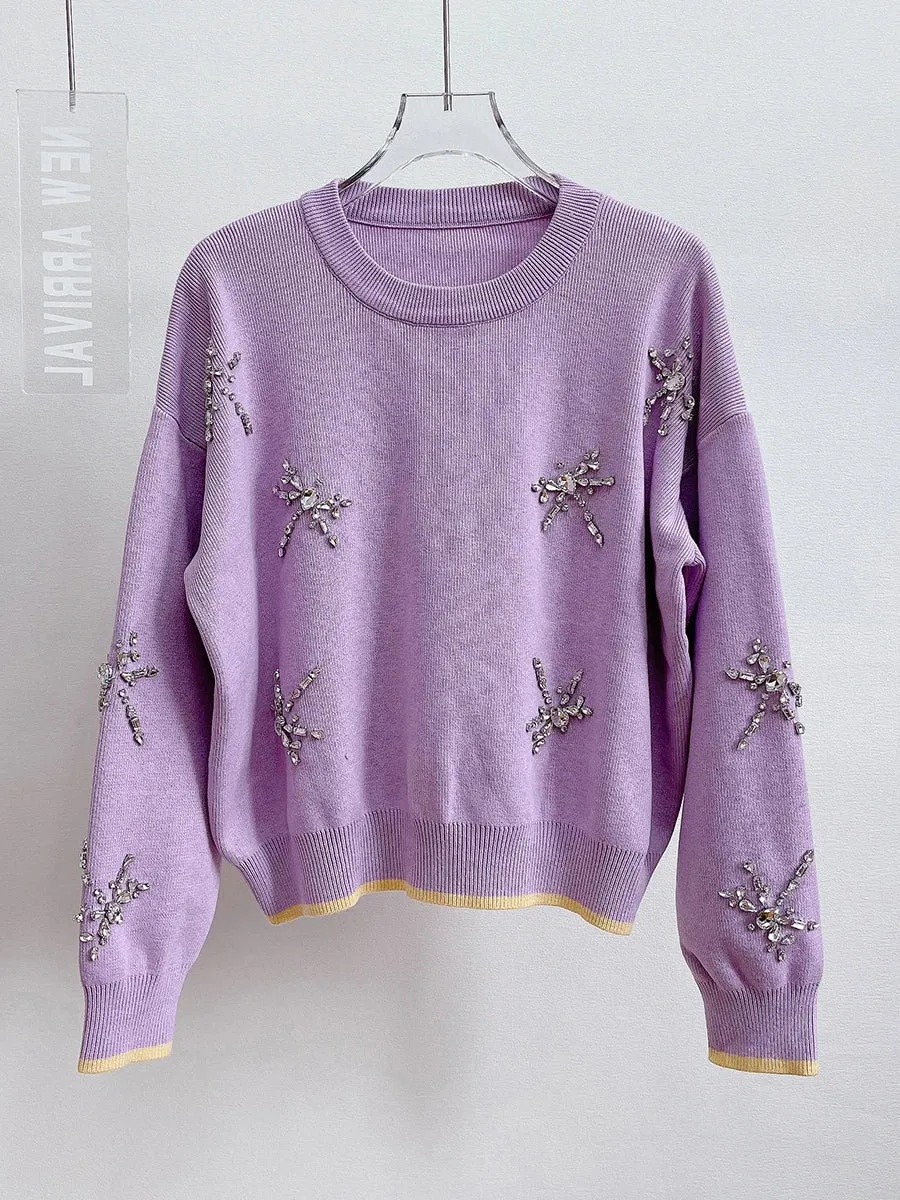 High Quality Women's Short Pullover Sweater Female Diamond Beading Warm Thick Winter Knitted Oversized Sweater C-236