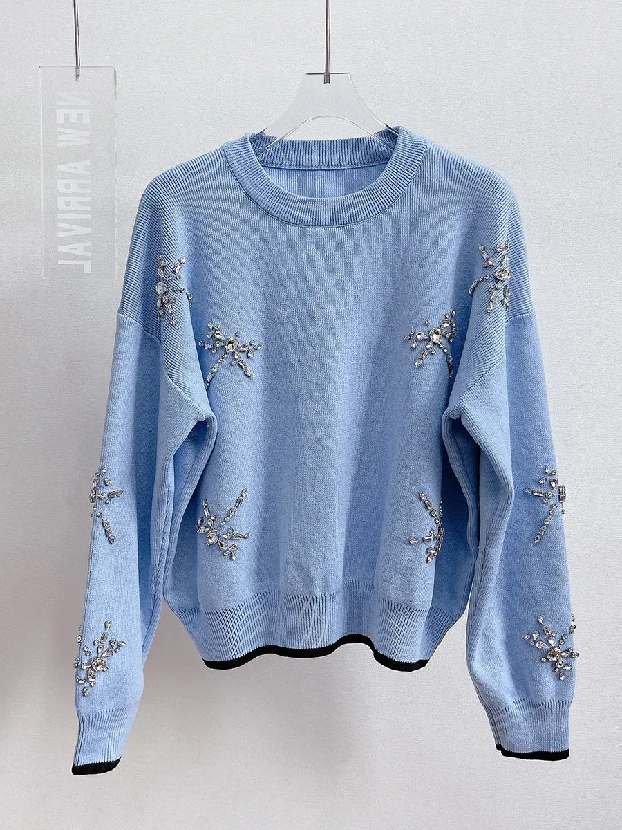 High Quality Women's Short Pullover Sweater Female Diamond Beading Warm Thick Winter Knitted Oversized Sweater C-236