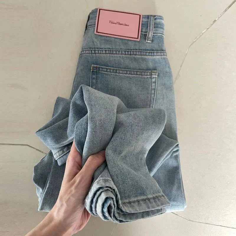 High Street Pink Label Jeans Women Small Pear Casual Wide Leg High Waist Straight Jeans