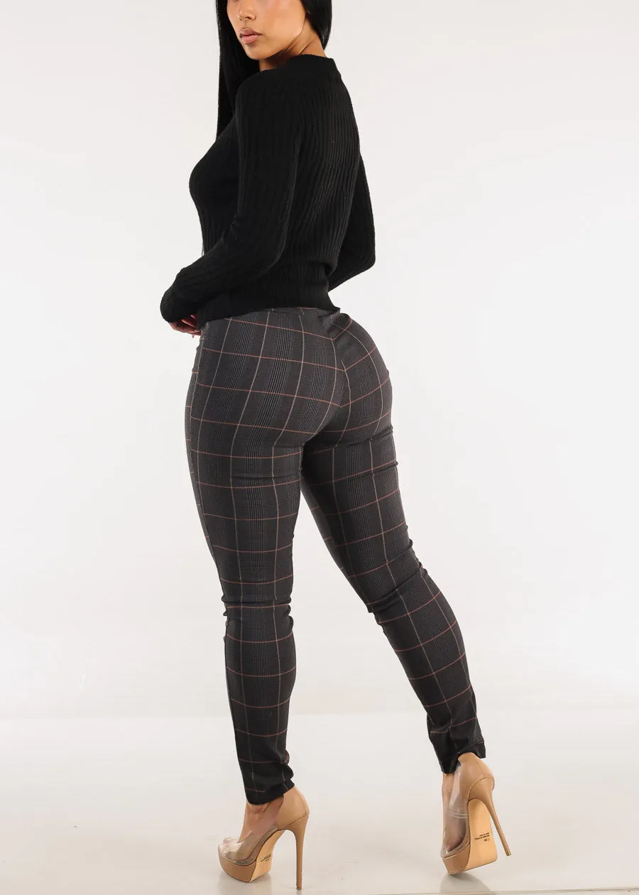 High Waist Plaid Skinny Pants Charcoal