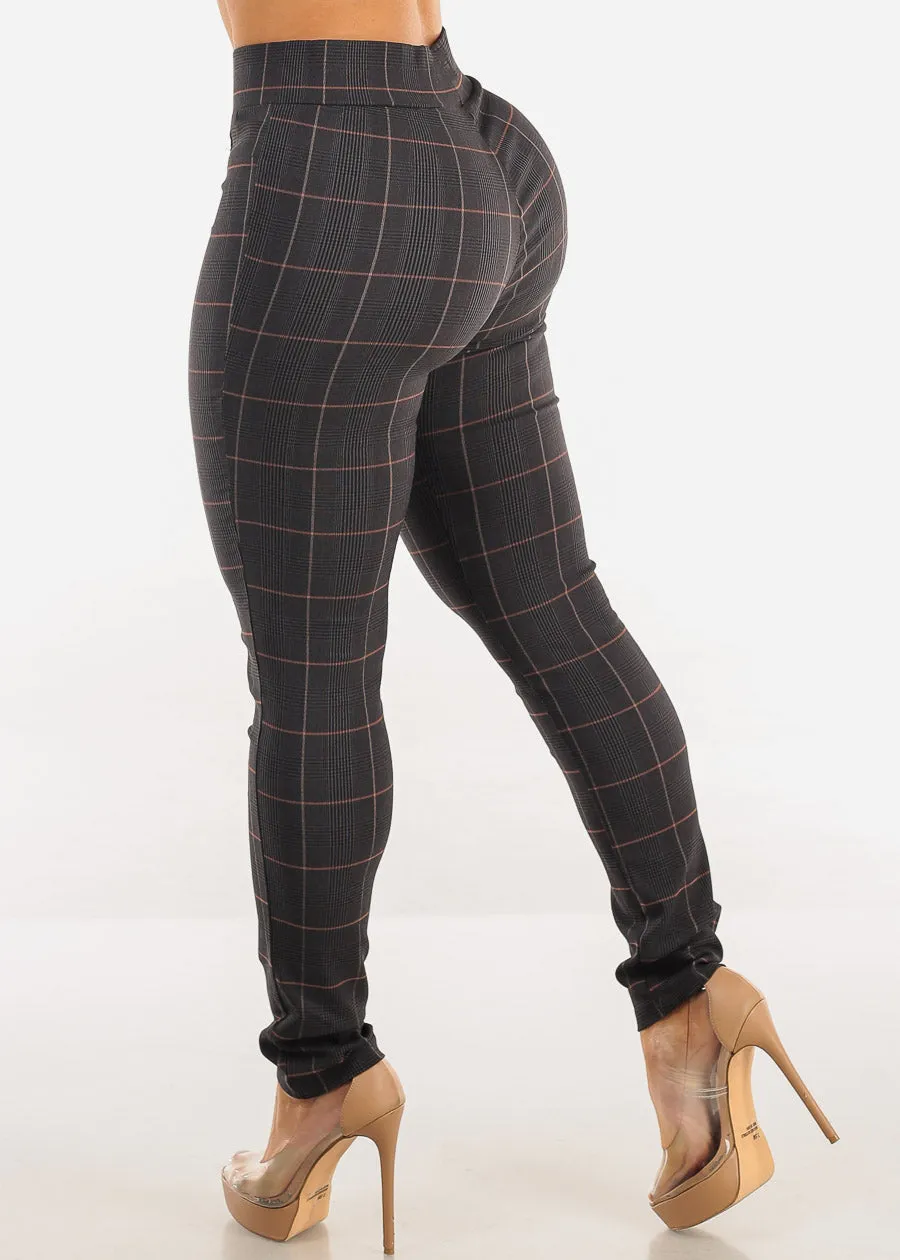 High Waist Plaid Skinny Pants Charcoal