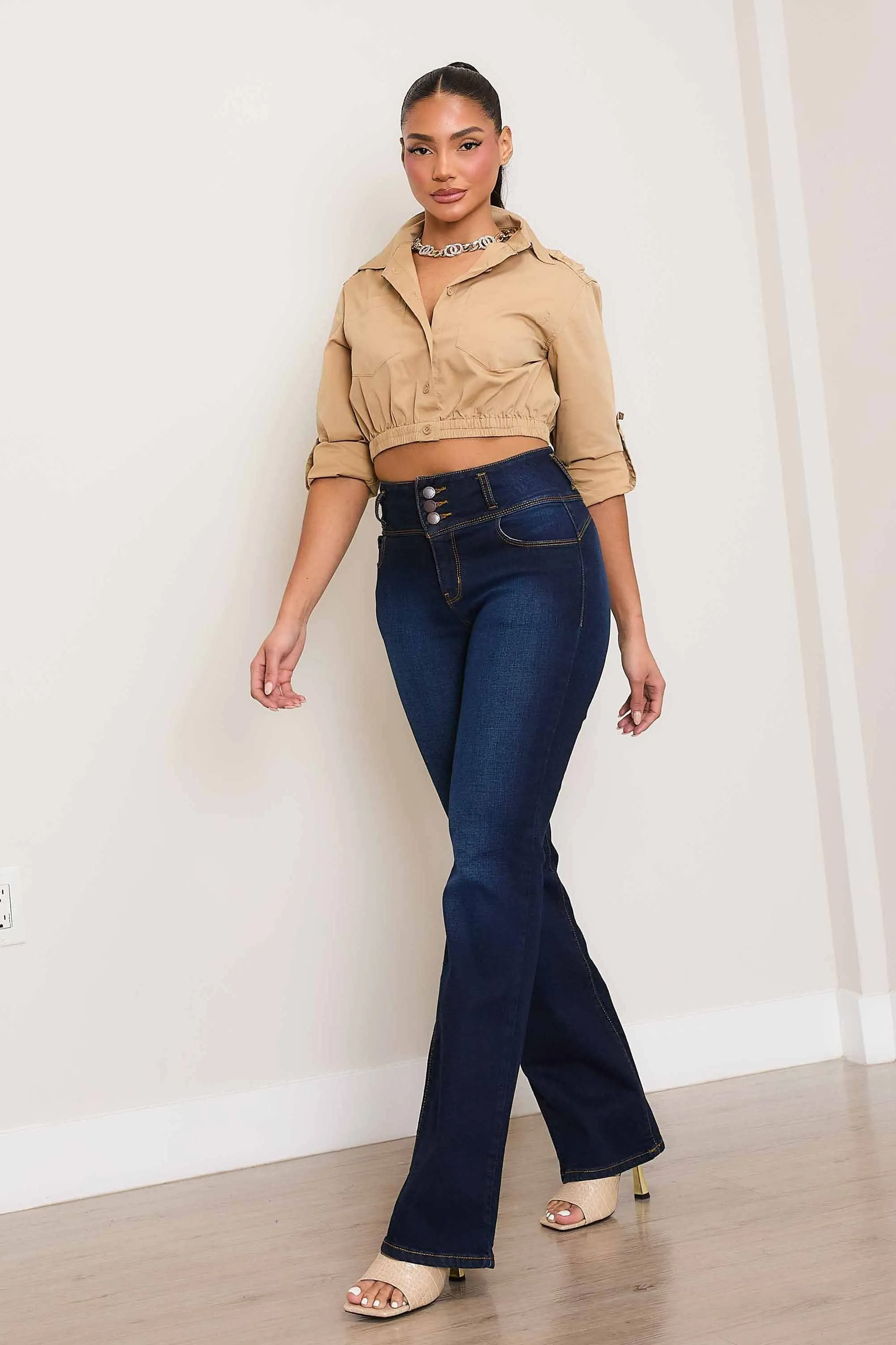 High Waisted 3 Button-up Bootcut Jeans