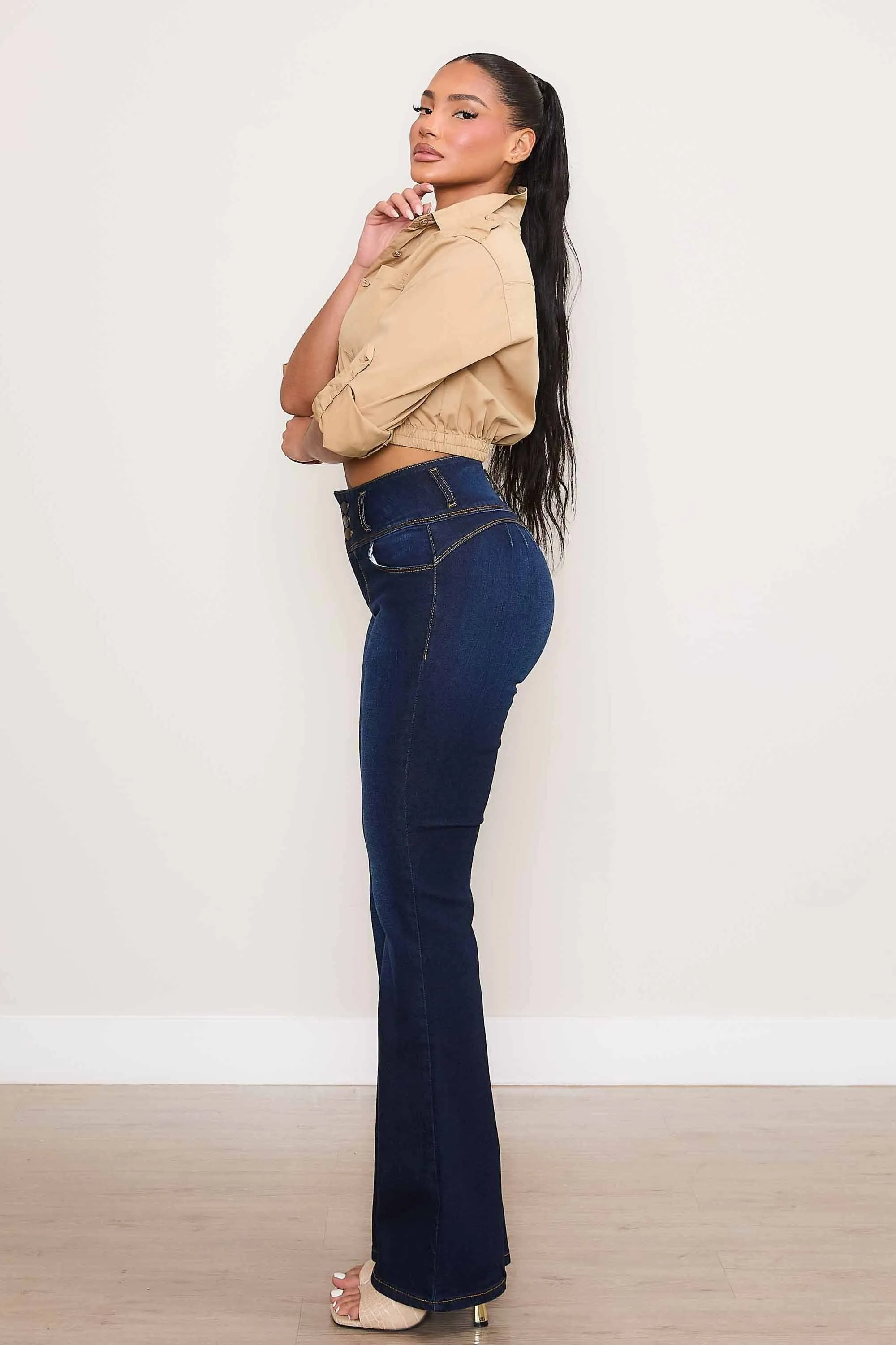 High Waisted 3 Button-up Bootcut Jeans