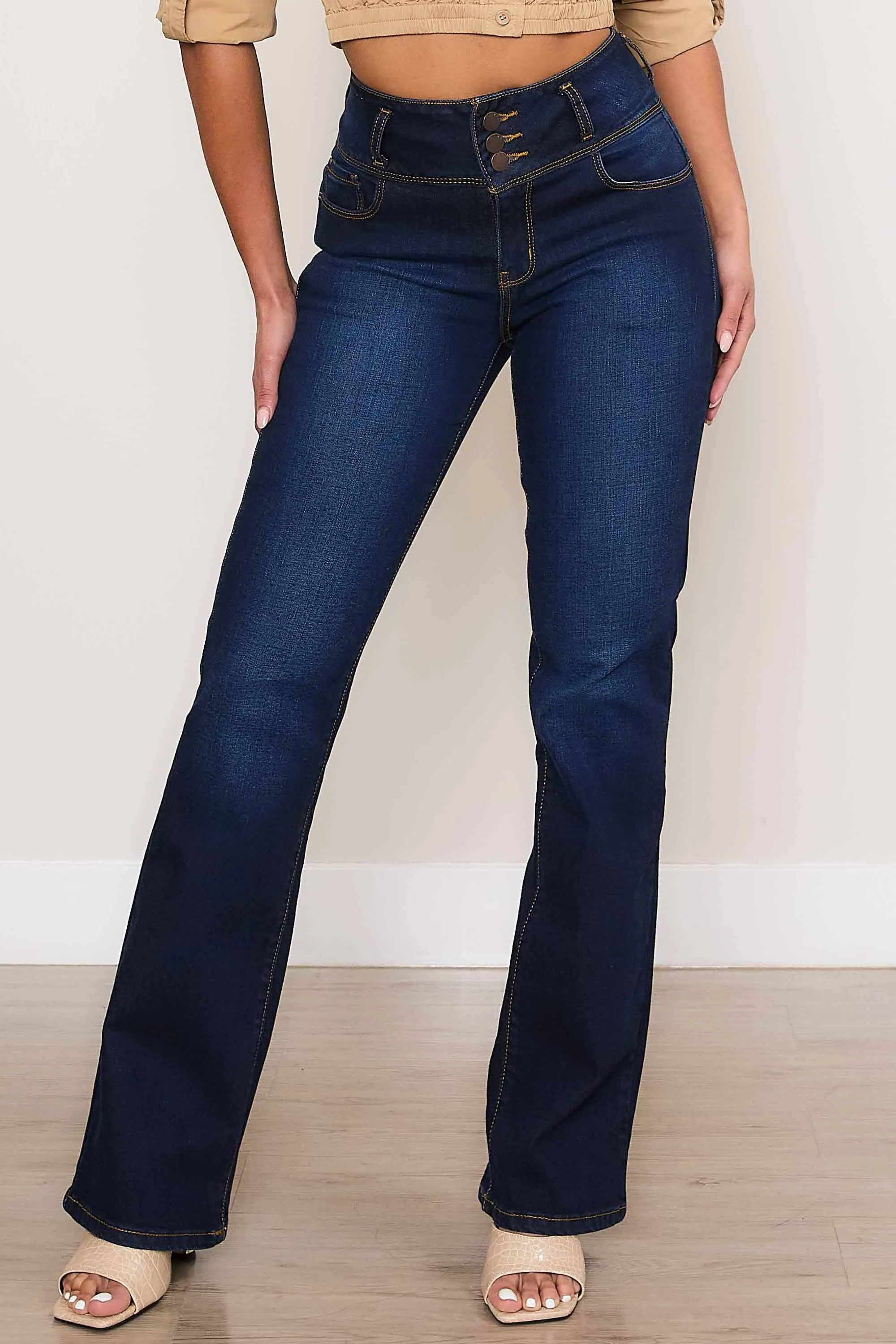 High Waisted 3 Button-up Bootcut Jeans