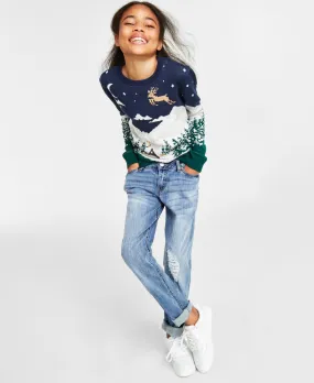 Holiday Lane Big Girls Snowy Landscape Crewneck Sweater - Intrepid Blue Combo