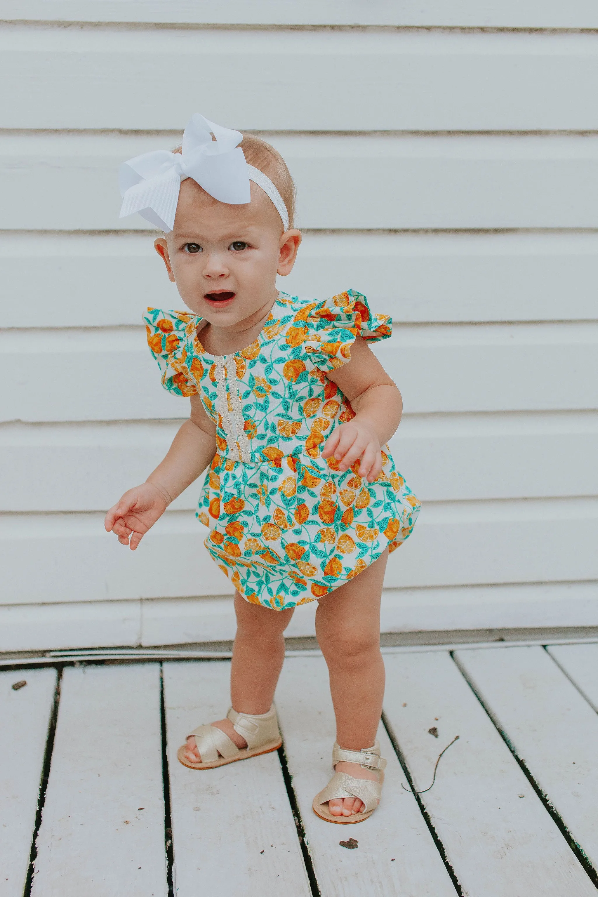 Infant Girl's Orange Print Cotton Bubble Romper