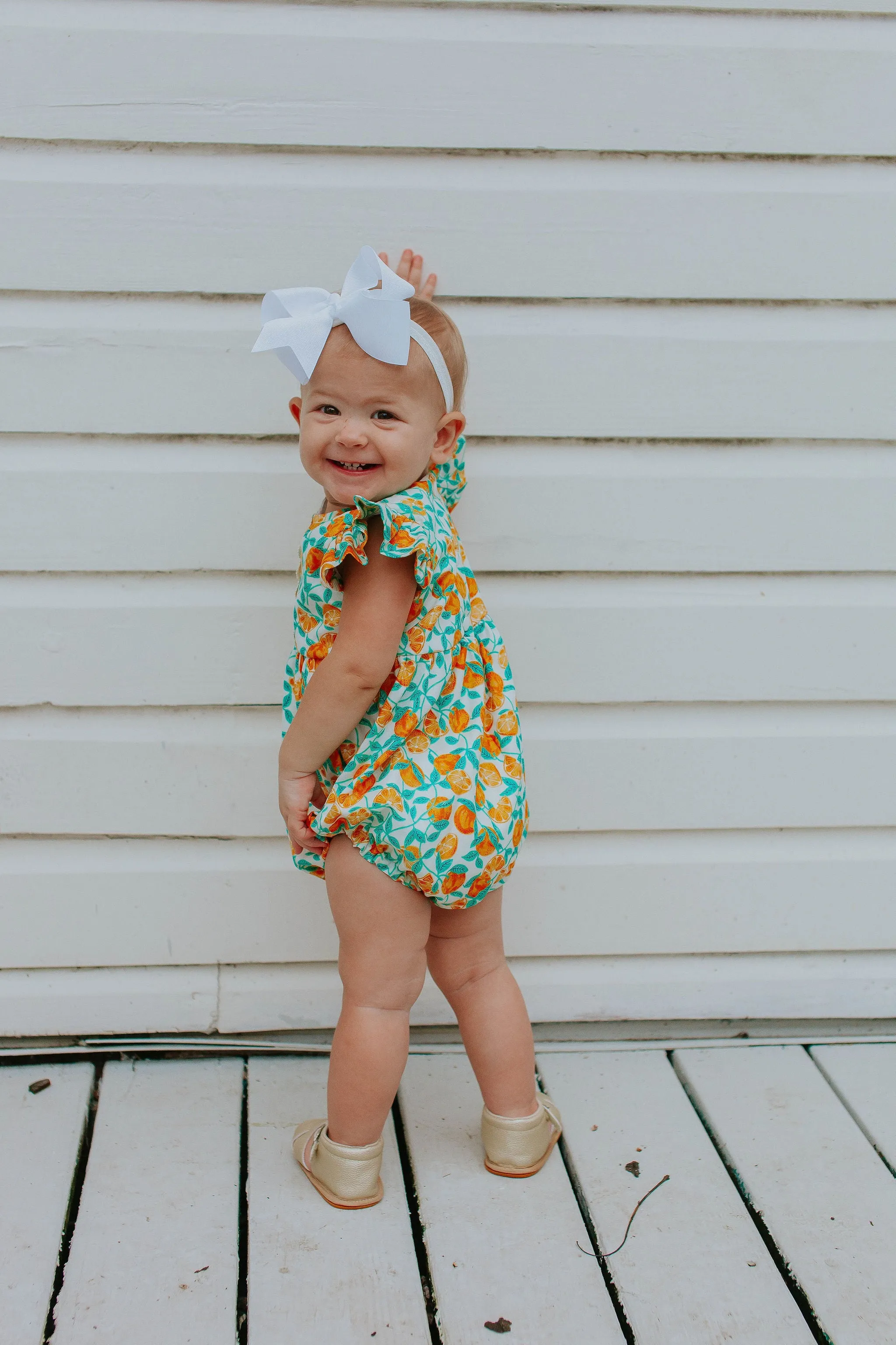 Infant Girl's Orange Print Cotton Bubble Romper