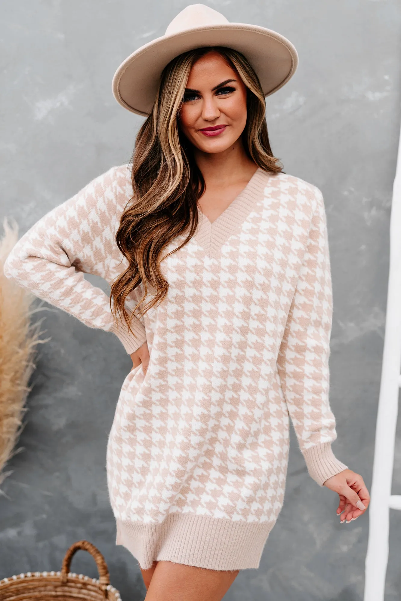 Information Overload Houndstooth Sweater Dress (Taupe)