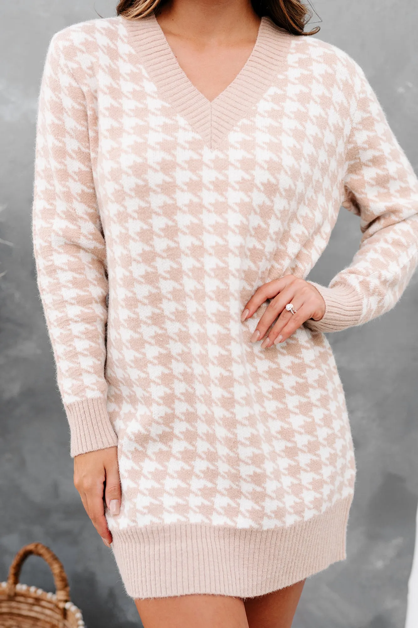 Information Overload Houndstooth Sweater Dress (Taupe)