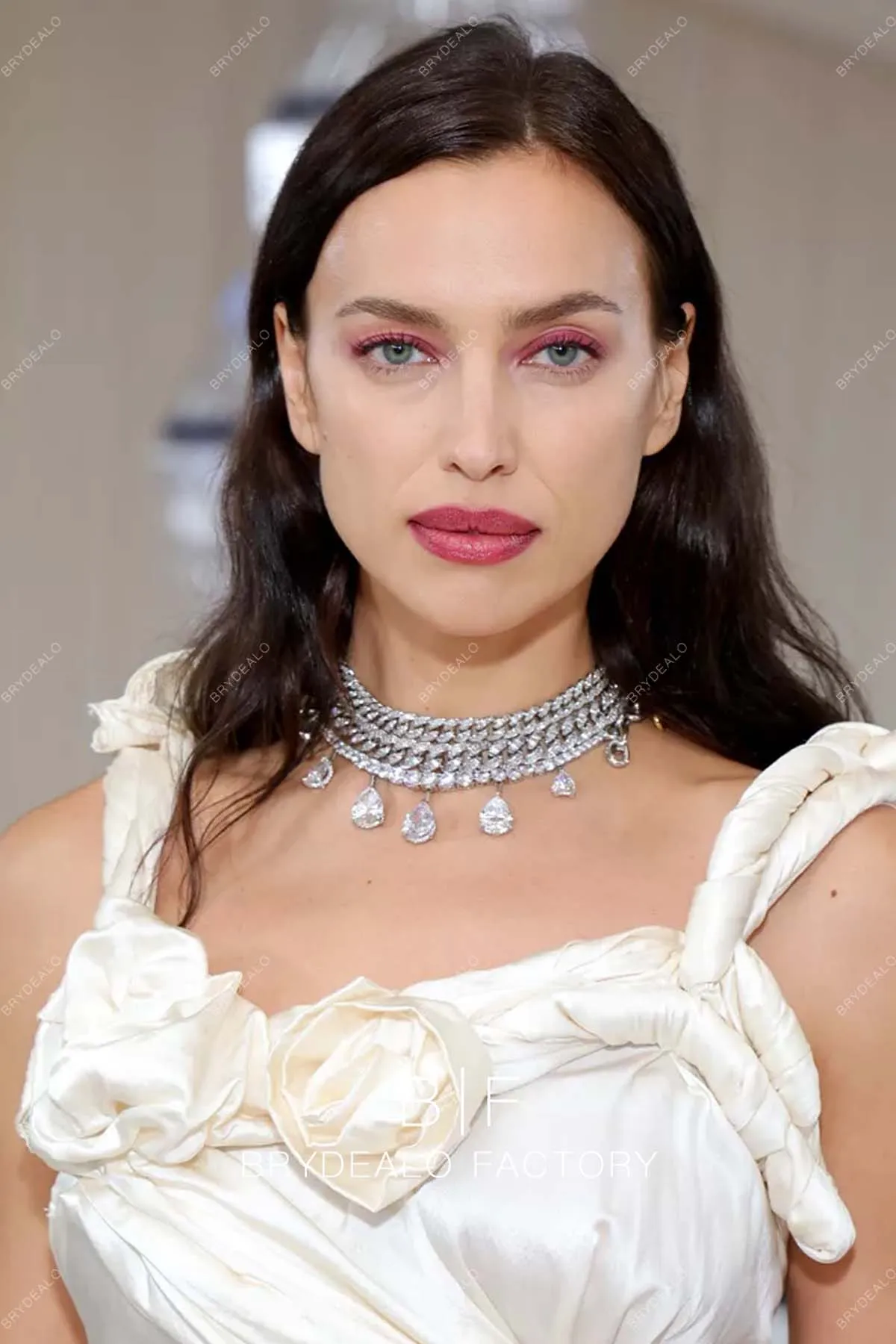 Irina Shayk 2023 Met Gala Ivory Silky Satin Sleeveless A-Line Dress