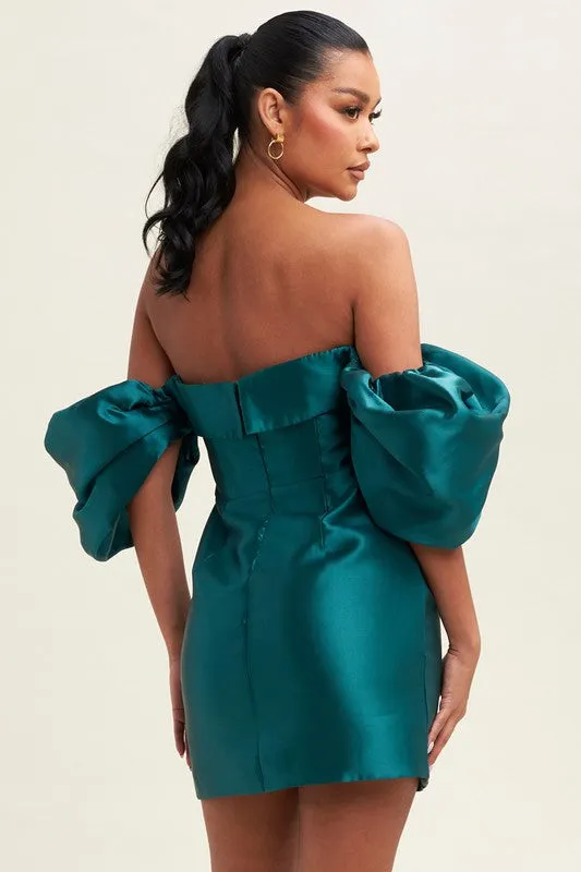 JOYFUL PUFF OFF SHOULDER MINI DRESS