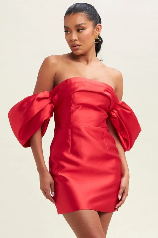 JOYFUL PUFF OFF SHOULDER MINI DRESS