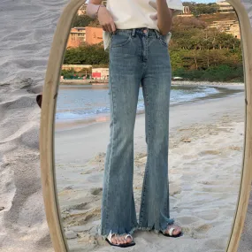 [Korean Style] High Waist Vintage Wash Raw-hem Cut Flare Jeans