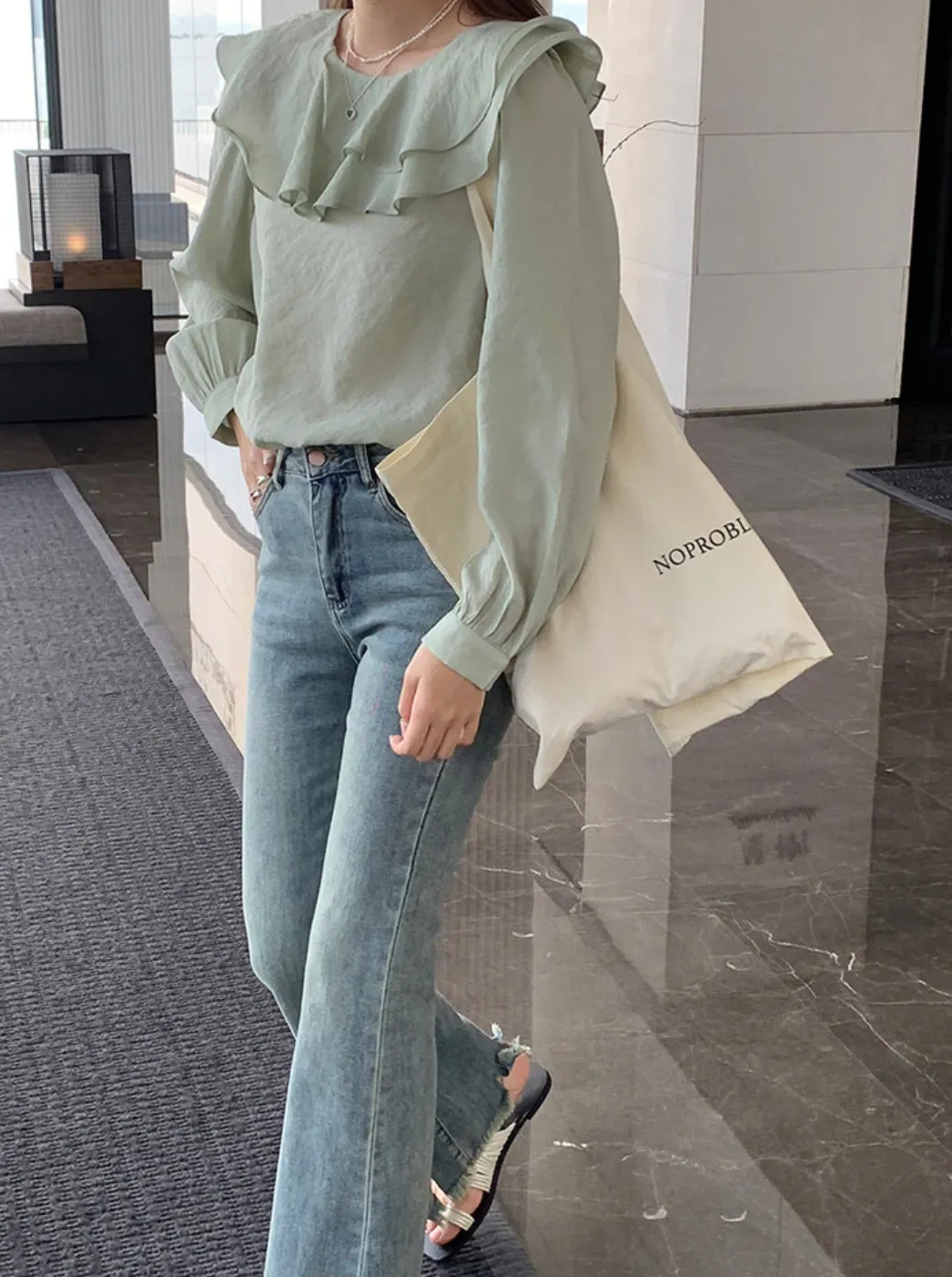 [Korean Style] High Waist Vintage Wash Raw-hem Cut Flare Jeans