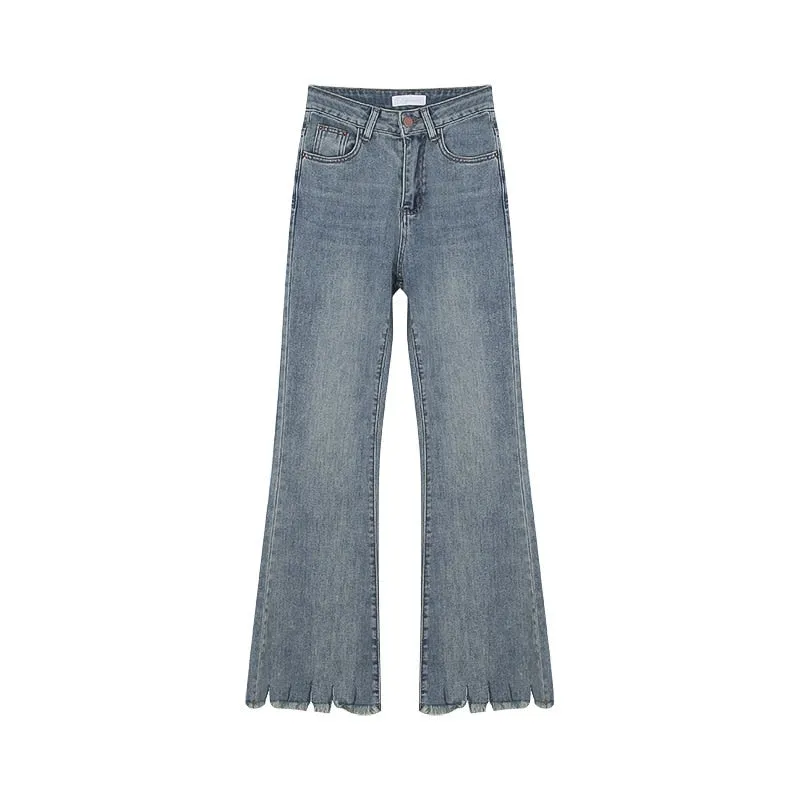 [Korean Style] High Waist Vintage Wash Raw-hem Cut Flare Jeans