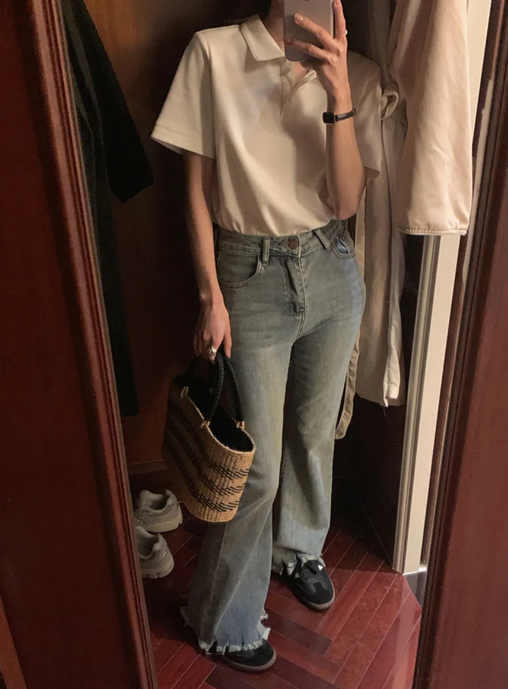 [Korean Style] High Waist Vintage Wash Raw-hem Cut Flare Jeans