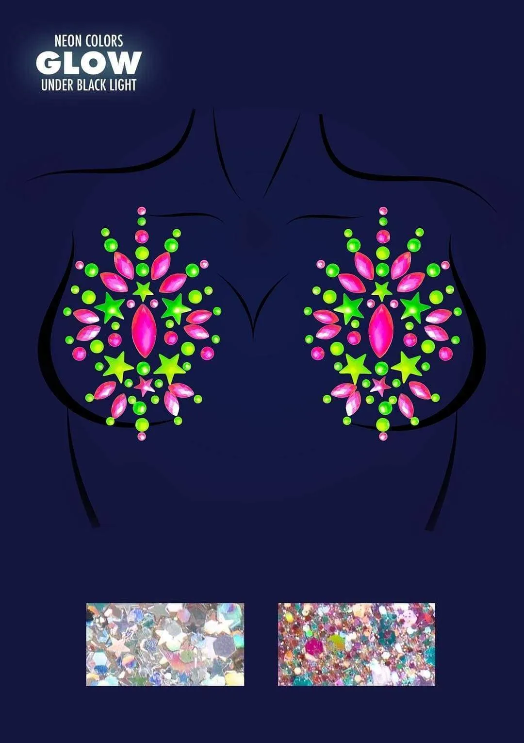 LEG AVENUE RIOT NEON ADHESIVE BLACK LIGHT MULTICOLOR BODY JEWELS NIPPLE009